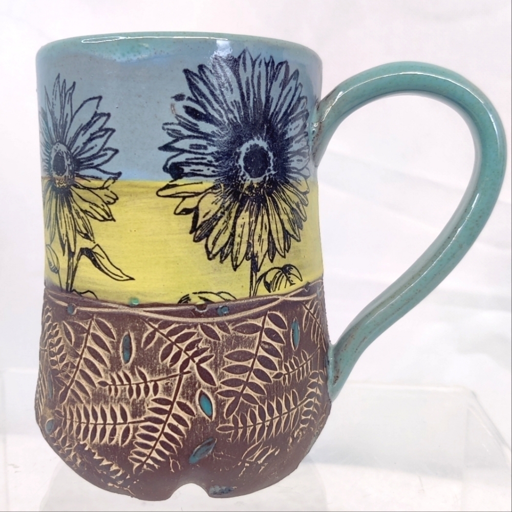 NEW Chayo Sunflowers Clay Mug Handmade Wheel Thrown Glazed & Stamped Usable Art